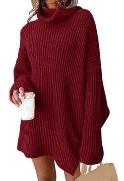 JFAN Winterkleid Damen Kleid Lange Knitted Dress Fledermausärmel Strickkleider Oversized Rollkragen Pullover,Rot,x-Large von JFAN