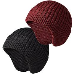 JFAN Wintermütze mit Ohrenklappen Wollmütze Kopfwärmer Beanies für Damen und Herren Outdoor Schwarz+Weinrot Einheitsgröße von JFAN