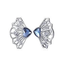 Fächerförmige Damen Ohrstecker 925 Sterling Silber Kristall Herz Ohrringe Schmuck Geschenke für Frauen (Blauer Kristall) von JFASHOP