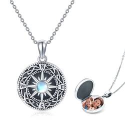 JFASHOP Kompass Medaillon Halskette 925 Sterling Silber Mondstein Kette Keltischer Knoten Foto Amulett mit Foto Schmuck Geschenke für Männer Damen Jungen Frauen von JFASHOP