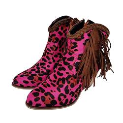 Frauen Stiefeletten Mode Fransen Stiefel Retro Wildleder Ankle Boots Mit Blockabsatz Sexy Spitz Leopard Knöchel Stiefel Lässige Chelsea Boots Pull-On Biker Boots Outdoor Schuhe,Lila,43 EU von JFISQ