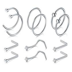 JFORYOU 12 Stück Edelstahl Nasenstecker Nasenpiercing Nase Ring Nasenring Hoop L Förmig Piercing 20G 0.8mm 8mm Silber von JFORYOU