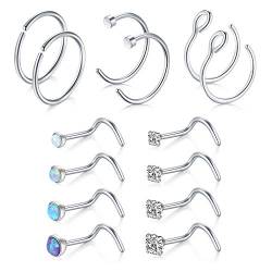 JFORYOU 14 Stück Edelstahl Nasenstecker Nasenpiercing Opalstein CZ Nasenring Hoop Spirale Stecker Piercing 20G 0,8mm 8mm Silber von JFORYOU