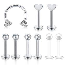 JFORYOU 16G Helix Ohr Piercing Chirurgenstahl Cartilage Ohrringe Piercing Lippenpiercing Nasenpiercing Hufeisen Septum Tragus Piercing 9 Stück Silber Set von JFORYOU