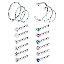 JFORYOU 22 STK Nasenstecker 316L Chirurgenstahl Nasenpiercing Nostril Piercing Herz Stern Blume Zirkonia Nasenschmuck von JFORYOU