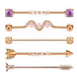 JFORYOU 5 STK. Industrial Piercing Set-1.6mm Edelstahl Knorpel Stab Barbell Ohr Lang Piercing Schmuck, Rosegold von JFORYOU