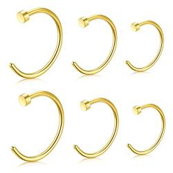 JFORYOU 6 Stück Edelstahl Nasenpiercing Gold Nase Ring Nasenring Piercing Hoop 20G 6mm 8mm 10mm von JFORYOU