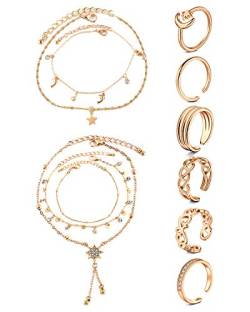 JFORYOU Zehenringe Offenen Verstellbar Zehenring, Fußkettchen Ketten Armbänder Fußschmuck Set für Frauen Mädchen von JFORYOU