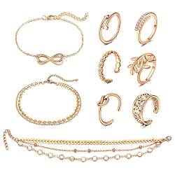 JFORYOU Zehenringe Offenen Verstellbar Zehenring, Fußkettchen Ketten Armbänder Fußschmuck Set für Frauen Mädchen von JFORYOU