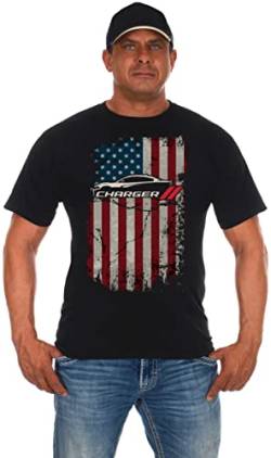 Herren Dodge Charger T-Shirt Amerikanische Flagge Schwarz Rundhals Shirt, Schwarz, Mittel von JH DESIGN GROUP