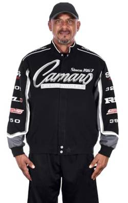 JH DESIGN GROUP Chevy Camaro Herren Jacke aus Baumwoll-Twill, Collage bestickt - Schwarz - Small von JH DESIGN GROUP