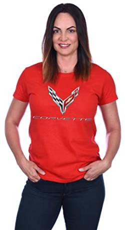 JH DESIGN GROUP Damen Chevy Corvette C8 Logo T-Shirt in Rundhals oder V-Ausschnitt, Roter Rundhalsausschnitt, Mittel von JH DESIGN GROUP