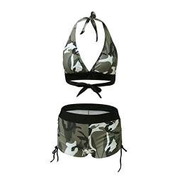 JHYX Frauen Bikini Set Zweiteiliger Camouflage Print Neckholder Badeanzug mit Badeshorts Split Push Up Strandbikini Tankini Beachwear Badebekleidung, M von JHYX