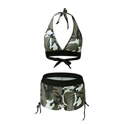 JHYX Frauen Bikini Set Zweiteiliger Camouflage Print Neckholder Badeanzug mit Badeshorts Split Push Up Strandbikini Tankini Beachwear Badebekleidung, S von JHYX