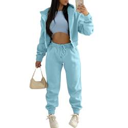 JIAALU 3 Stücke Damen Sportanzüge 3-teiliges Lounge-Set für DamenJogginganzug Sport Sets Yoga Outfit Langarm Kapuzenjacke + Crop Top + Jogginghose mit Taschen von JIAALU