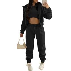 JIAALU 3 Stücke Damen Sportanzüge 3-teiliges Lounge-Set für DamenJogginganzug Sport Sets Yoga Outfit Langarm Kapuzenjacke + Crop Top + Jogginghose mit Taschen von JIAALU