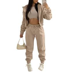 JIAALU 3 Stücke Damen Sportanzüge 3-teiliges Lounge-Set für DamenJogginganzug Sport Sets Yoga Outfit Langarm Kapuzenjacke + Crop Top + Jogginghose mit Taschen von JIAALU