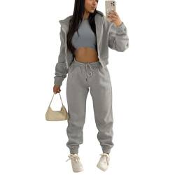 JIAALU 3 Stücke Damen Sportanzüge 3-teiliges Lounge-Set für DamenJogginganzug Sport Sets Yoga Outfit Langarm Kapuzenjacke + Crop Top + Jogginghose mit Taschen von JIAALU