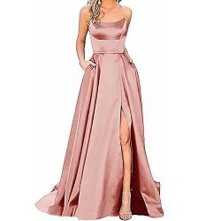 JIAALU Damen Elegant Lange Brautjungfer Kleid Frauen Elegant Neckholder Backless Seitenschlitz Hochzeit Abendparty Kleid mit Taschen Eingebaute BHS A-Linie Backless Hochzeitskleid Abendkleider von JIAALU