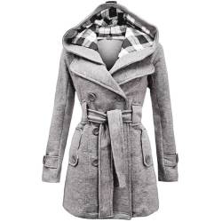 JIAALU Damen Mantel Winter Warme Wintermantel Damen-Fleecemantel in mittlerer Länge mit Kapuze Trenchcoat Outwear Mit Taschen Zweireihige Revers Winterjacke Winter Elegant Outdoorjacke von JIAALU