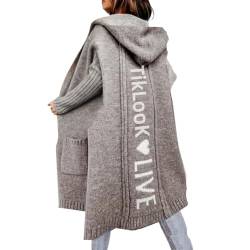 JIAALU Damen Strickjacke Pullover Elegante Damen Strickmantel Lange Cardigan Coat Einfarbig mit Kapuzen Lose Warm Herbst Winter Strickjacken-Long Strickjacke von JIAALU