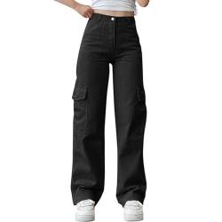 JIAALU Damen Trendy Cargo Jeans Stretch Jeans Straight Baggy Wide Leg Denim Hose Low Waist Cargohose Boyfriend Hose Streetwear Cargo Jeans Denim Pants Casual Trousers von JIAALU