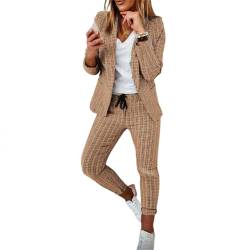 JIAALU Hosenanzug Damen Elegant Business Anzug Set Hosenanzug Blazer Hose 2-teilig Anzug Karo Kariert Zweiteiler Slimfit Streetwear Festlich Sportlich Hosenanzug von JIAALU