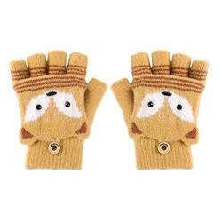 JIAHG Kinder Halbfinger Handschuhe Fingerlose Fäustlinge Mädchen Winter Cartoon Fingerhandschuhe Strickhandschuhe Thermohandschuhe mit Klappe (Fuchs Beige) von JIAHG