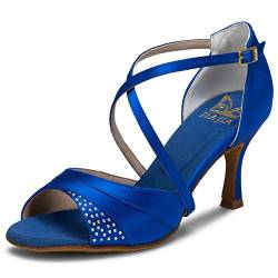 JIA JIA 20522 Damen Sandalen Ausgestelltes Heel Super-Satin Latein Strass Tanzschuhe Farbe Blau,Größe 37 EU von JIAJIA