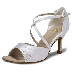 JIA JIA 20522 Damen Sandalen Ausgestelltes Heel Super-Satin Latein Strass Tanzschuhe Farbe Weiß,Größe 36 EU von JIAJIA