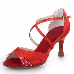 JIA JIA 20522 Damen Sandalen Ausgestelltes Heel Super-Satin mit Strass Latein Tanzschuhe Rot, 41 von JIAJIA