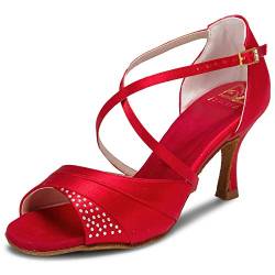 JIA JIA 20522 Damen Sandalen Ausgestelltes Heel Super-Satin mit Strass Latein Tanzschuhe Rot, 42 von JIAJIA