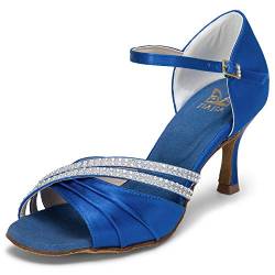 JIA JIA 20524 Damen Sandalen Ausgestelltes Heel Super-Satin Latein Strass Tanzschuhe Farbe Blau,Größe 39 EU von JIAJIA