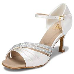 JIA JIA 20524 Damen Sandalen Ausgestelltes Heel Super-Satin Latein Strass Tanzschuhe Farbe Elfenbein,Größe 34 EU von JIAJIA