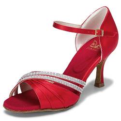 JIA JIA 20524 Damen Sandalen Ausgestelltes Heel Super-Satin Latein Strass Tanzschuhe Farbe Rot,Größe 35 EU von JIAJIA