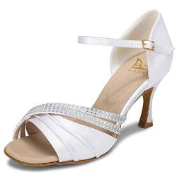 JIA JIA 20524 Damen Sandalen Ausgestelltes Heel Super-Satin Latein Strass Tanzschuhe Farbe Weiß,Größe 38 EU von JIAJIA