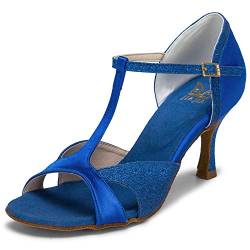 JIA JIA 2055 Damen Sandalen Ausgestelltes Heel Super-Satin mit funkelnden Glitter Latein Tanzschuhe Farbe Blau,Größe 35 EU von JIAJIA