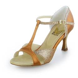 JIA JIA 2055 Damen Sandalen Ausgestelltes Heel Super-Satin mit funkelnden Glitter Latein Tanzschuhe Tan, 35 von JIAJIA