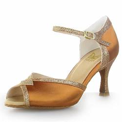 JIA JIA Y20529 Damen Sandalen Ausgestelltes Heel Super-Satin mit funkelnden Glitter Latein Tanzschuhe Tan, 35 von JIAJIA