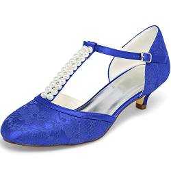 JIAJIA 01129 Damen Brautschuhe Geschlossene Zehe T-Riemen Niedrige Ferse Spitze Satin Pumpen Nachahmung Hochzeitsschuhe Farbe Blau,Größe 40 EU von JIAJIA