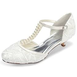 JIAJIA 01129 Damen Brautschuhe Geschlossene Zehe T-Riemen Niedrige Ferse Spitze Satin Pumpen Nachahmung Hochzeitsschuhe Farbe Elfenbein,Größe 38 EU von JIAJIA