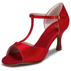 JIAJIA 20511 Damen Sandalen Ausgestelltes Heel Super-Satin Latein Tanzschuhe Farbe Rot,Größe 39 EU von JIAJIA