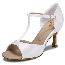 JIAJIA 20511 Damen Sandalen Ausgestelltes Heel Super-Satin Latein Tanzschuhe Farbe Weiß,Größe 39 EU von JIAJIA