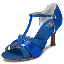 JIAJIA 20519 Damen Sandalen Ausgestelltes Heel Super-Satin mit funkelnden Glitter Latein Tanzschuhe Farbe Blau,Größe 37 EU (4 UK) von JIAJIA