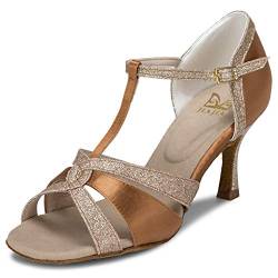 JIAJIA 20519 Damen Sandalen Ausgestelltes Heel Super-Satin mit funkelnden Glitter Latein Tanzschuhe Farbe Braun,Größe 35 EU (2.5 UK) von JIAJIA