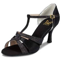 JIAJIA 20519 Damen Sandalen Ausgestelltes Heel Super-Satin mit funkelnden Glitter Latein Tanzschuhe Farbe Schwarz,Größe 35 EU (2.5 UK) von JIAJIA