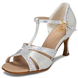 JIAJIA 20519 Damen Sandalen Ausgestelltes Heel Super-Satin mit funkelnden Glitter Latein Tanzschuhe Farbe Silber,Größe 35 EU (2.5 UK) von JIAJIA