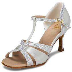 JIAJIA 20519 Damen Sandalen Ausgestelltes Heel Super-Satin mit funkelnden Glitter Latein Tanzschuhe Farbe Silber,Größe 37 EU (4 UK) von JIAJIA