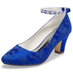 JIAJIA 62311A Damen Brautschuhe Closed Toe Chunky Heel Spitze Satin Pumps Satin Blume Hochzeitsschuhe Farbe Blau,Größe 35 EU (2.5 UK) von JIAJIA