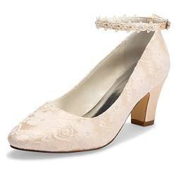 JIAJIA 62311A Damen Brautschuhe Closed Toe Chunky Heel Spitze Satin Pumps Satin Blume Hochzeitsschuhe Farbe Champagner,Größe 35 EU (2.5 UK) von JIAJIA